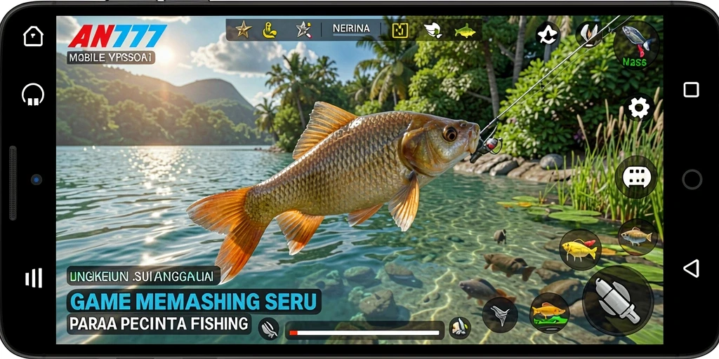 Tampilan gameplay AN777 saat menangkap ikan di danau yang indah.