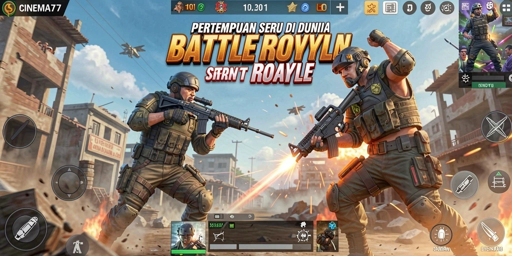 Screenshot gameplay <strong>CINEMA77</strong> menunjukkan aksi seru dalam pertempuran Battle Royale.
