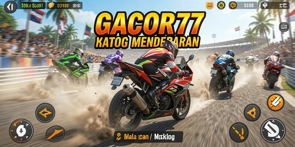 Tampilan gameplay GACOR77 yang penuh aksi dalam balapan motor.