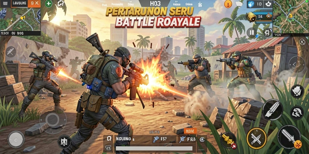 Screenshot gameplay H03 menunjukkan aksi seru dalam pertarungan Battle Royale.