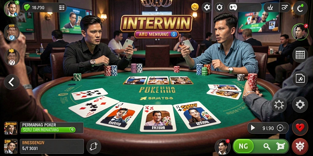 Tangkapan layar INTERWIN menunjukkan momen seru dalam permainan poker.