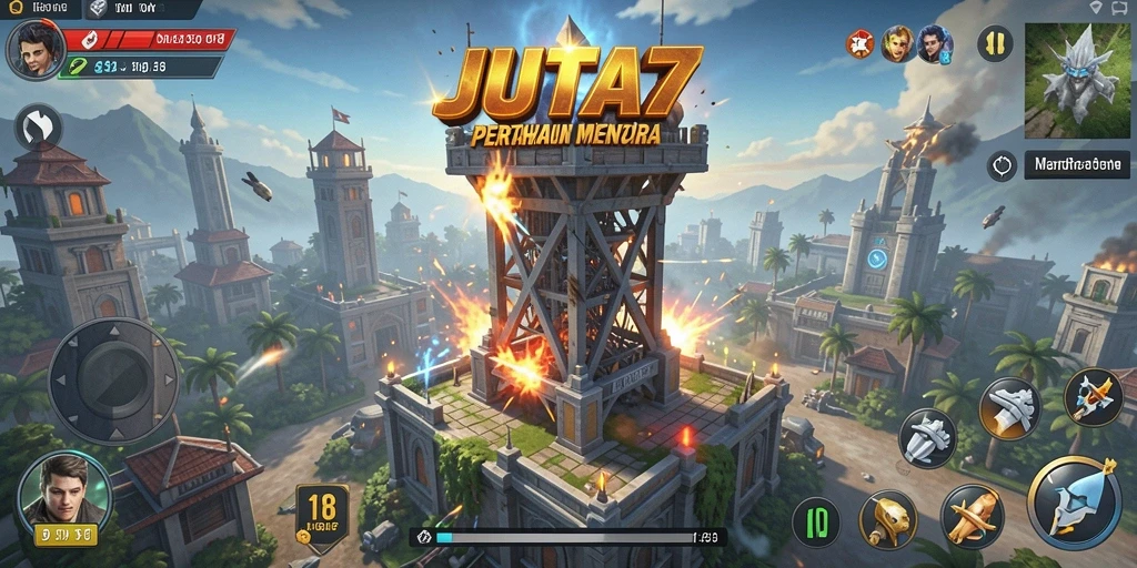 Screenshot menunjukkan aksi seru game Tower Defense JUTA7 dengan menara dan musuh.