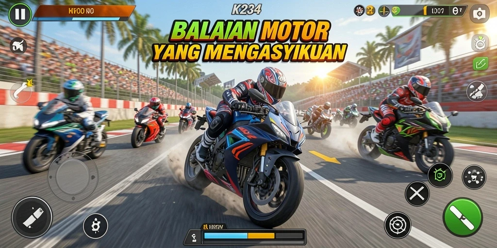Screenshot gameplay K234 menampilkan balapan motor yang intens dan seru.