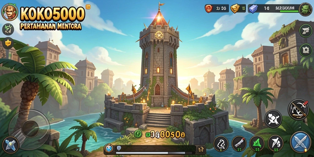 Gameplay KOKO5000 menampilkan menara yang siap menghadang serangan musuh.