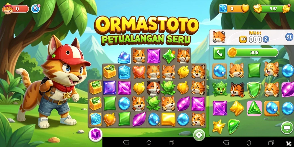 Tampilan gameplay <strong>ORMASTOTO</strong> yang seru dan penuh warna di level Match-3.