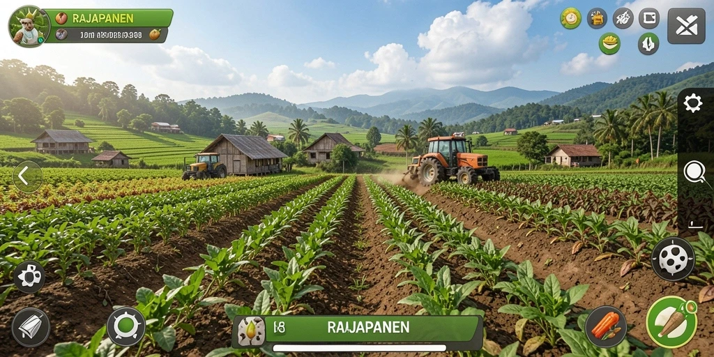 Screenshot menunjukkan petani sedang mengelola ladang di RAJAPANEN.