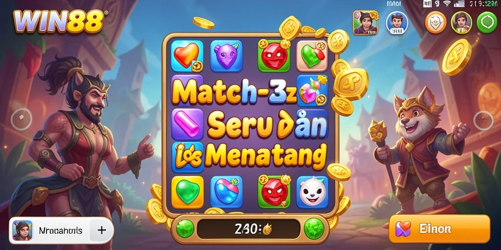 Screenshot WIN88 menampilkan gameplay Match-3 yang penuh warna.